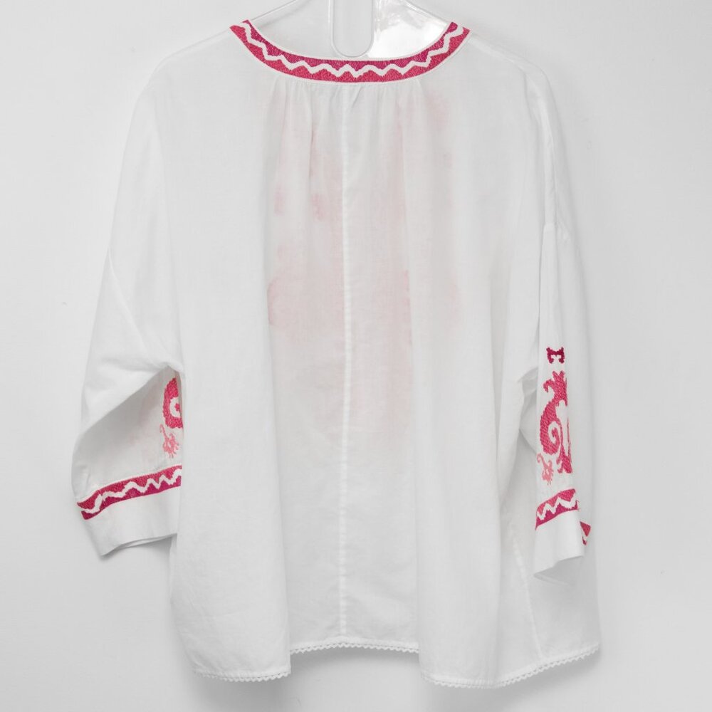 Chico's Embroidered Tie Neck Peasant Top 100% Cotton Haute Pink White Sz 2 12/14 - Picture 3 of 6